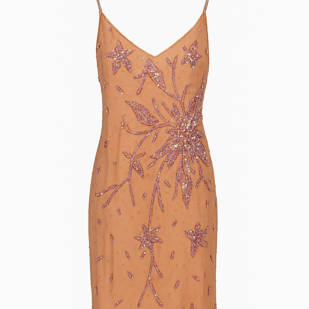 Vintage 100% Silk Marina Beaded Cocktail Dress,  Apricot with Iridescent